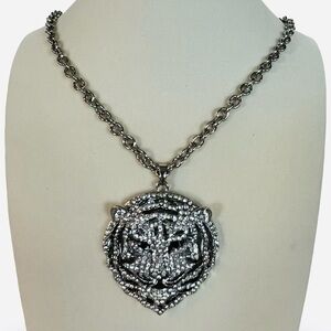 Large Silver Crystal Tiger Face Statement Pendant Necklace